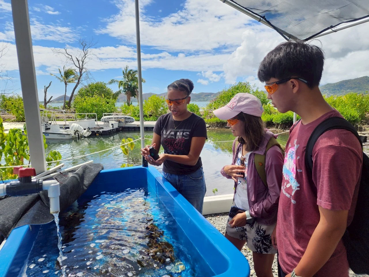 Benjamin listening beside outdoor coral tanks during a marine learning session