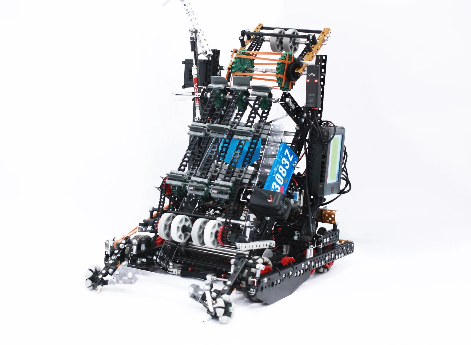 Front three-quarter view of a team-built VEX robot and its mechanisms