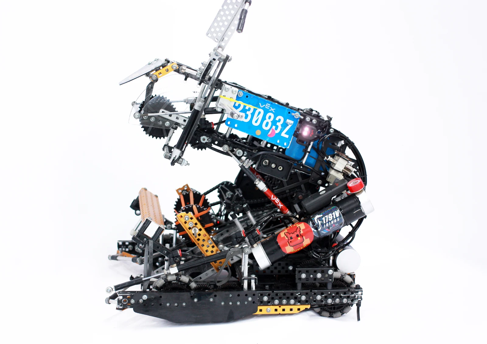 Full side view of the team-built Reaper 23083Z robot against a white background